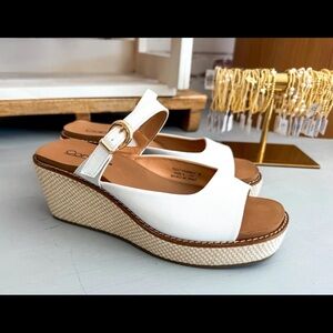 Corkys White Wedge Slide Sandals with Gold Buckle